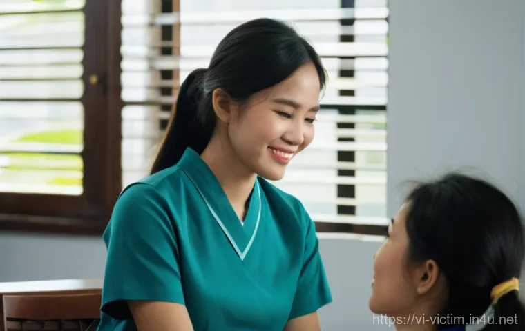 범죄 피해자 지원 서비스 리뷰 - **Prompt:** A compassionate scene depicting a young Vietnamese woman, in her late 20s, with a gentle...
