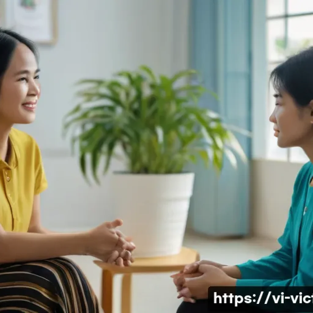 범죄 피해자 지원 정책의 발전 방향 - A compassionate psychological counseling session in a modern Vietnamese community center, featuring ...