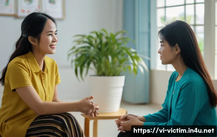 범죄 피해자 지원 정책의 발전 방향 - A compassionate psychological counseling session in a modern Vietnamese community center, featuring ...