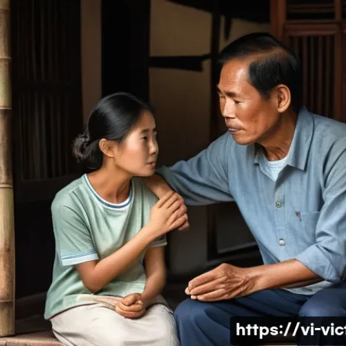 Home 29 범죄 피해자 심리 치료 연구 보고서 - A compassionate family scene in a Vietnamese rural home showing a supportive mother and father gentl...