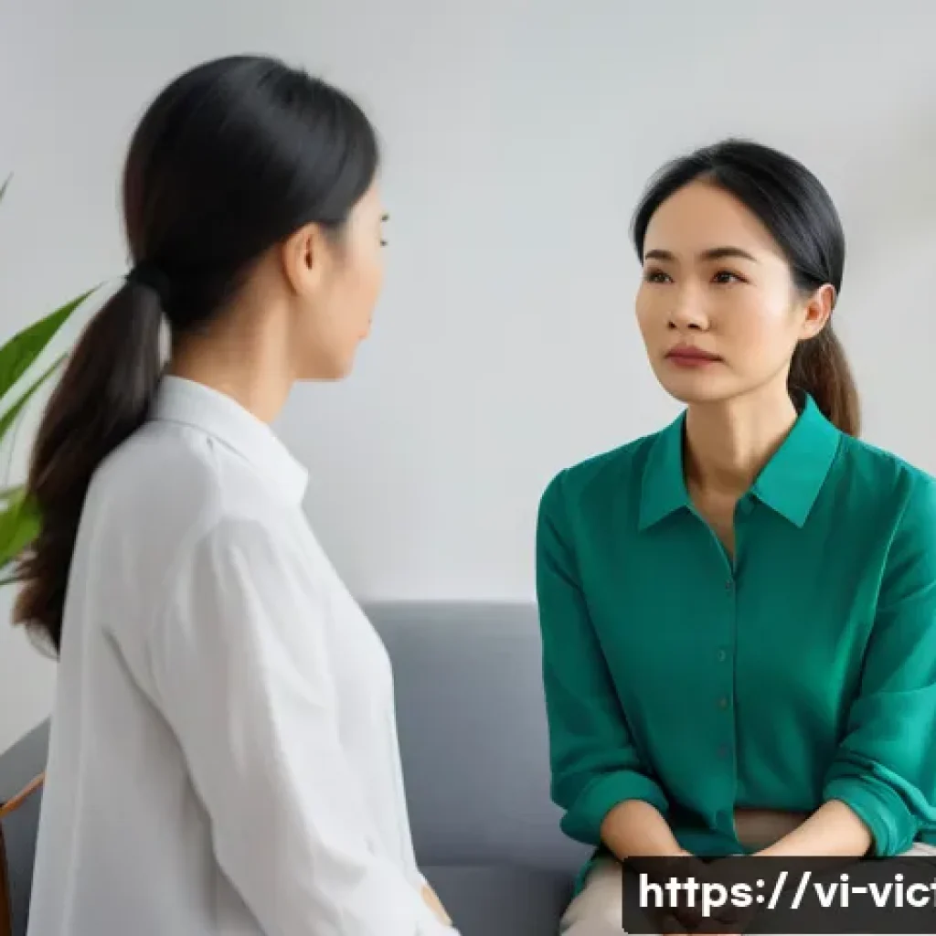 범죄 피해자 심리 상담 후기 - A compassionate Vietnamese psychologist in a modern counseling office, attentively listening to a mi...