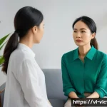 Home 16 범죄 피해자 심리 상담 후기 - A compassionate Vietnamese psychologist in a modern counseling office, attentively listening to a mi...