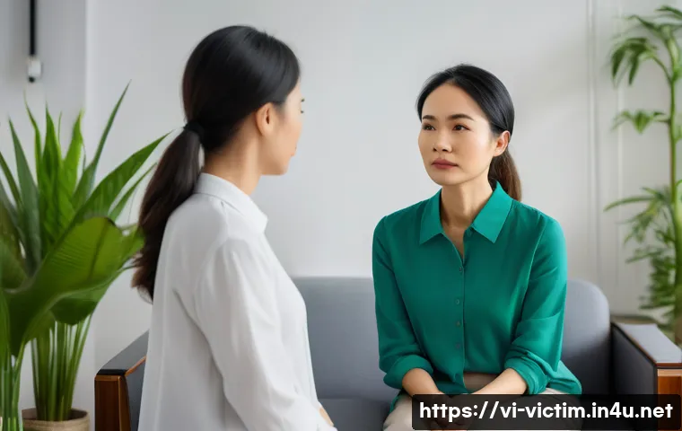 범죄 피해자 심리 상담 후기 - A compassionate Vietnamese psychologist in a modern counseling office, attentively listening to a mi...