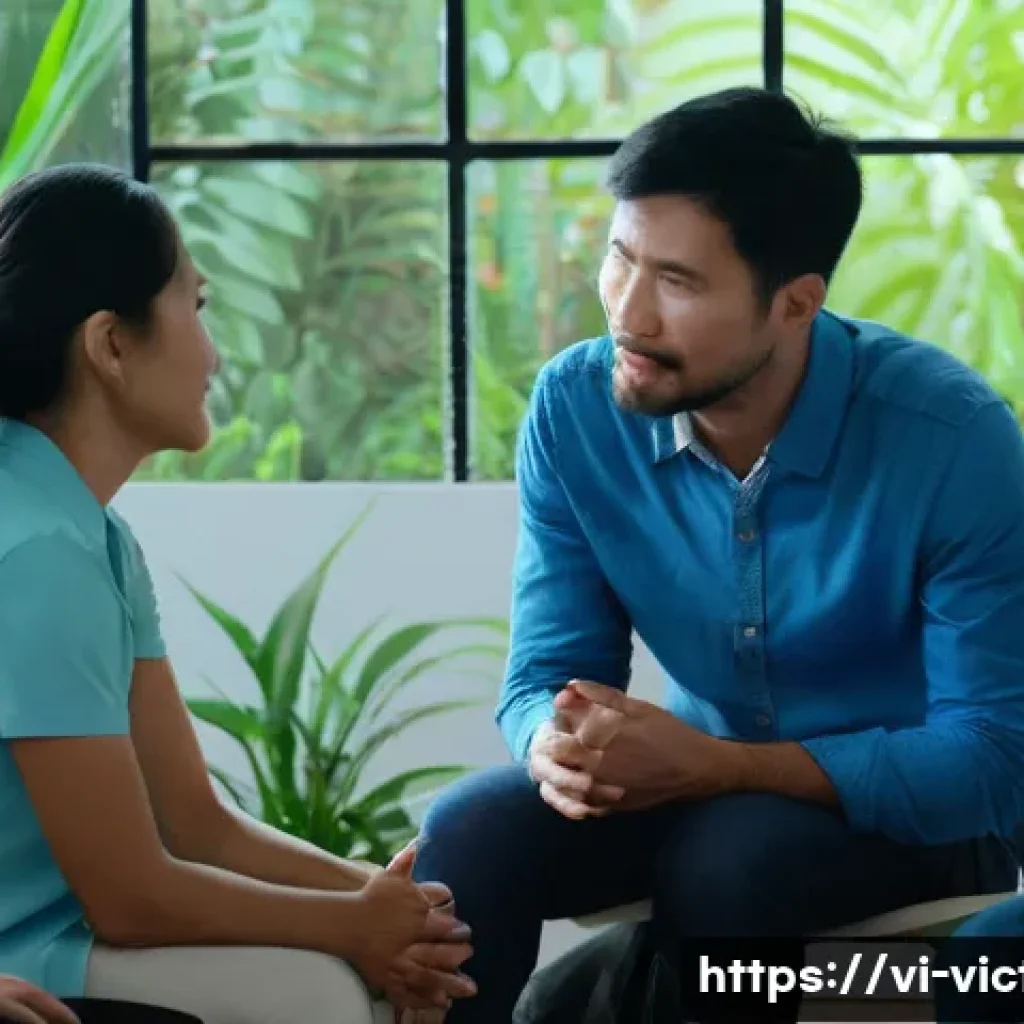범죄 피해자 상담 센터 - A compassionate counseling session scene in a Vietnamese community support center, featuring a diver...