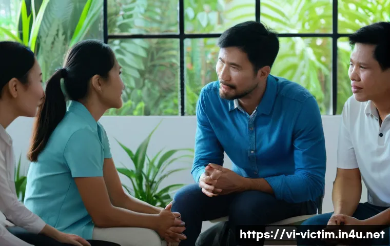범죄 피해자 상담 센터 - A compassionate counseling session scene in a Vietnamese community support center, featuring a diver...
