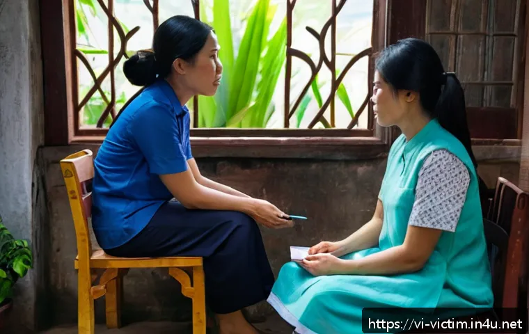 범죄 피해자 지원 사례 분석 보고서 - A compassionate scene of a Vietnamese social worker gently counseling a frightened female crime vict...