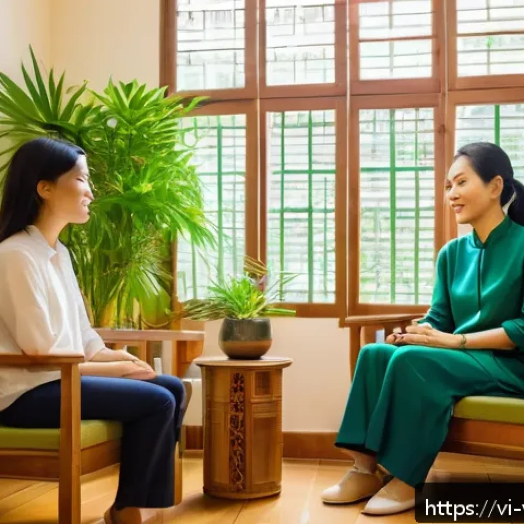 범죄 피해자 지원 심리 상담 기법 - A compassionate Vietnamese female psychologist attentively listening to a young adult female client ...