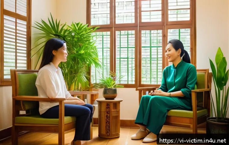 범죄 피해자 지원 심리 상담 기법 - A compassionate Vietnamese female psychologist attentively listening to a young adult female client ...