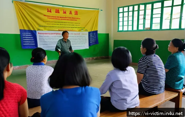 범죄 피해자 지원을 위한 국회 입법 동향 - A compassionate community education workshop in a Vietnamese village hall, featuring diverse adults ...