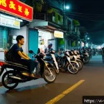 Home 23 범죄 피해자 신고 절차 - A detailed scene showing a Vietnamese urban neighborhood at dusk where a concerned bystander, wearin...