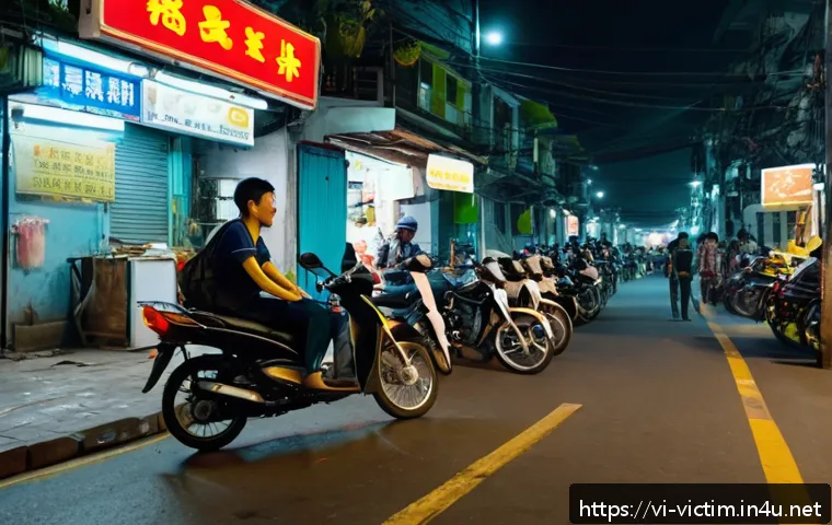 범죄 피해자 신고 절차 - A detailed scene showing a Vietnamese urban neighborhood at dusk where a concerned bystander, wearin...