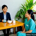 범죄 피해자 심리 상담 - Photorealistic trauma-informed counseling session in a quiet modern clinic in Ho Chi Minh City, a co...