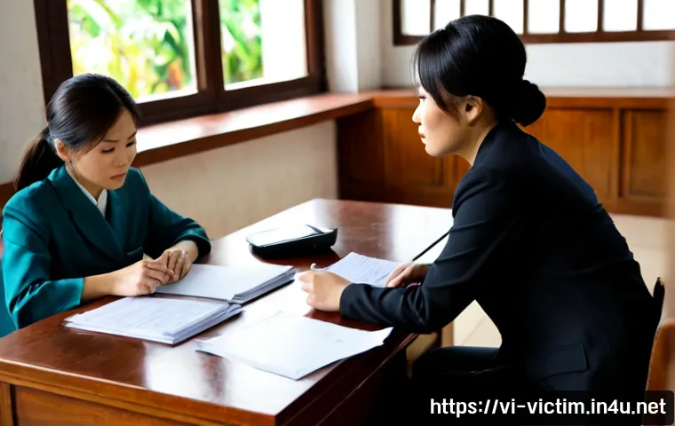 범죄 피해자 법률 구조 - Photorealistic legal aid consultation in Vietnam: a compassionate Vietnamese female lawyer in modest...